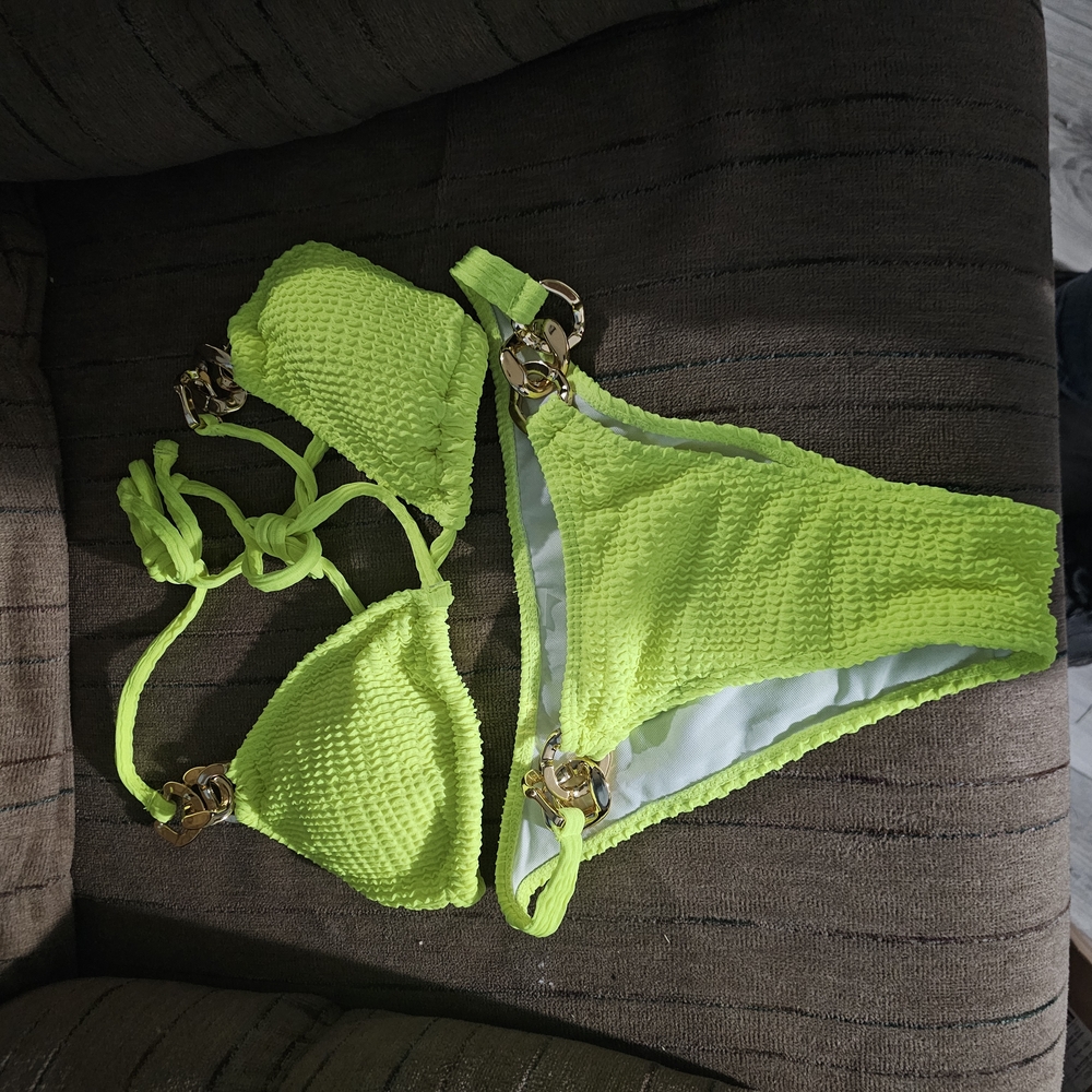 Neon Green Textured Bikini with Gold Accents